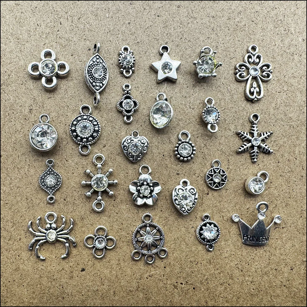 New Spide Star Heart Pendants Tibetan Silver Plated Connectors Clear Crystal For Bracelets Charms Making Jewelry
