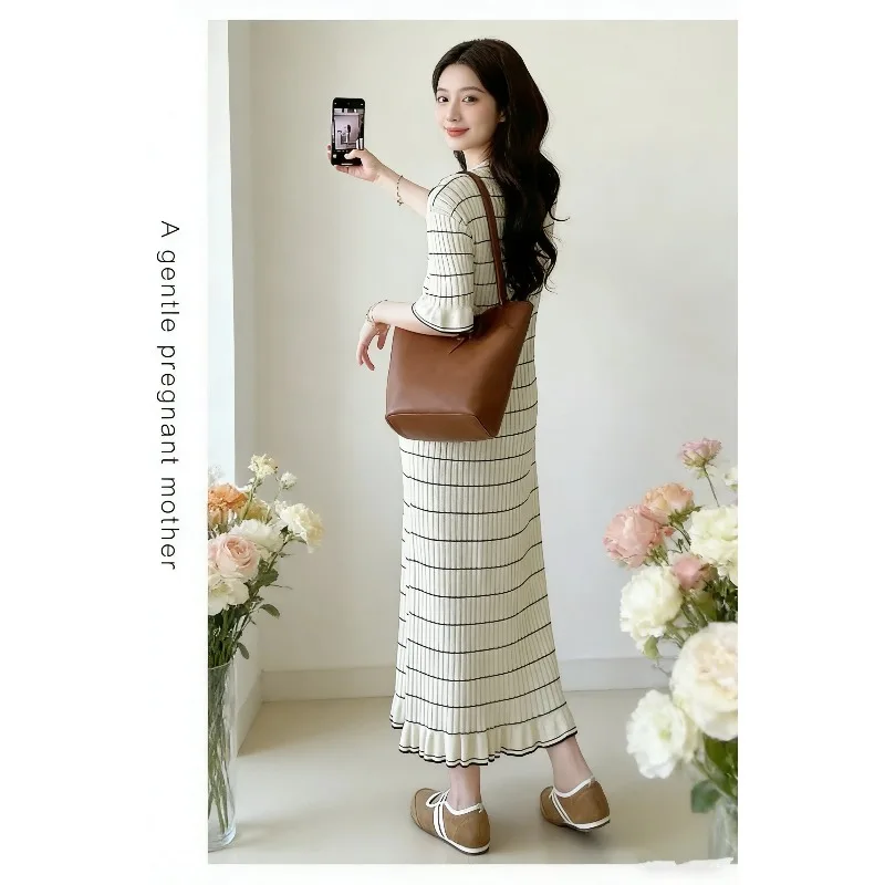 Maternity Dress Block Color Stripe Patchwork Long Lantern Sleeve Patchwork Pregnant Woman Pleated Dress Pregnancy Clothes