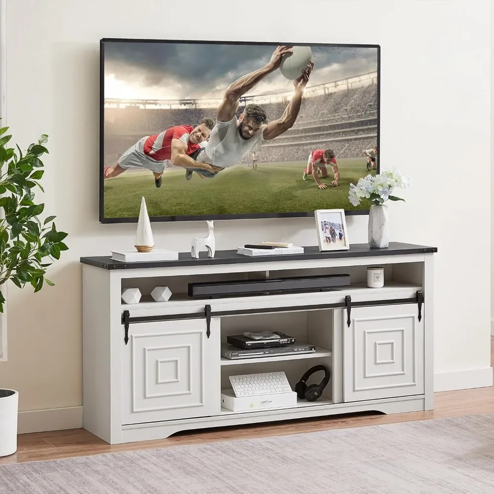 Supporto TV Farmhouse per TV da 75 pollici, ampio centro di intrattenimento Highboy con porta scorrevole per fienile, console multimediale country con contenitore