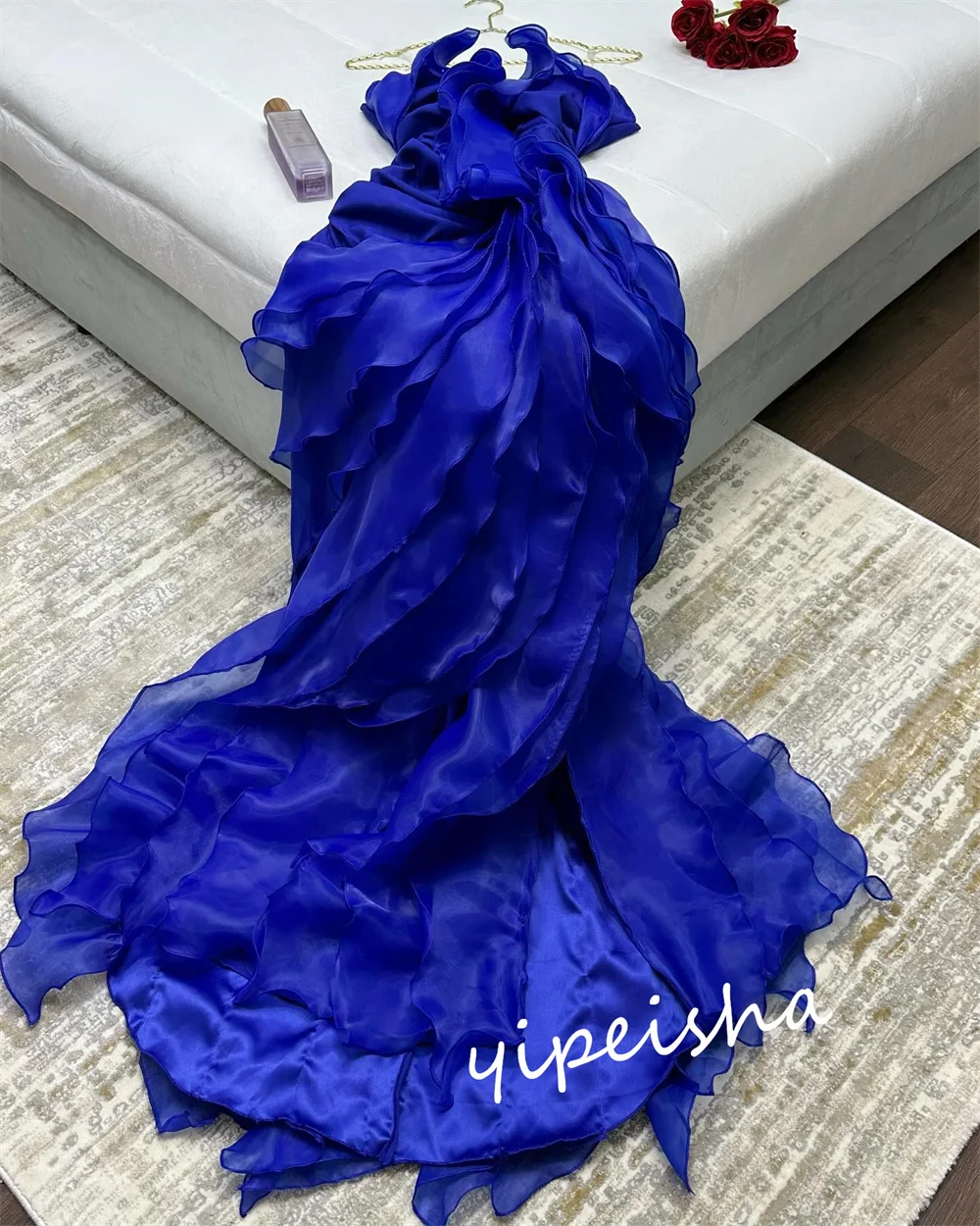 Customized  Prom Organza Ruffles Party A-line Strapless Bespoke Occasion Gown Long Dresses