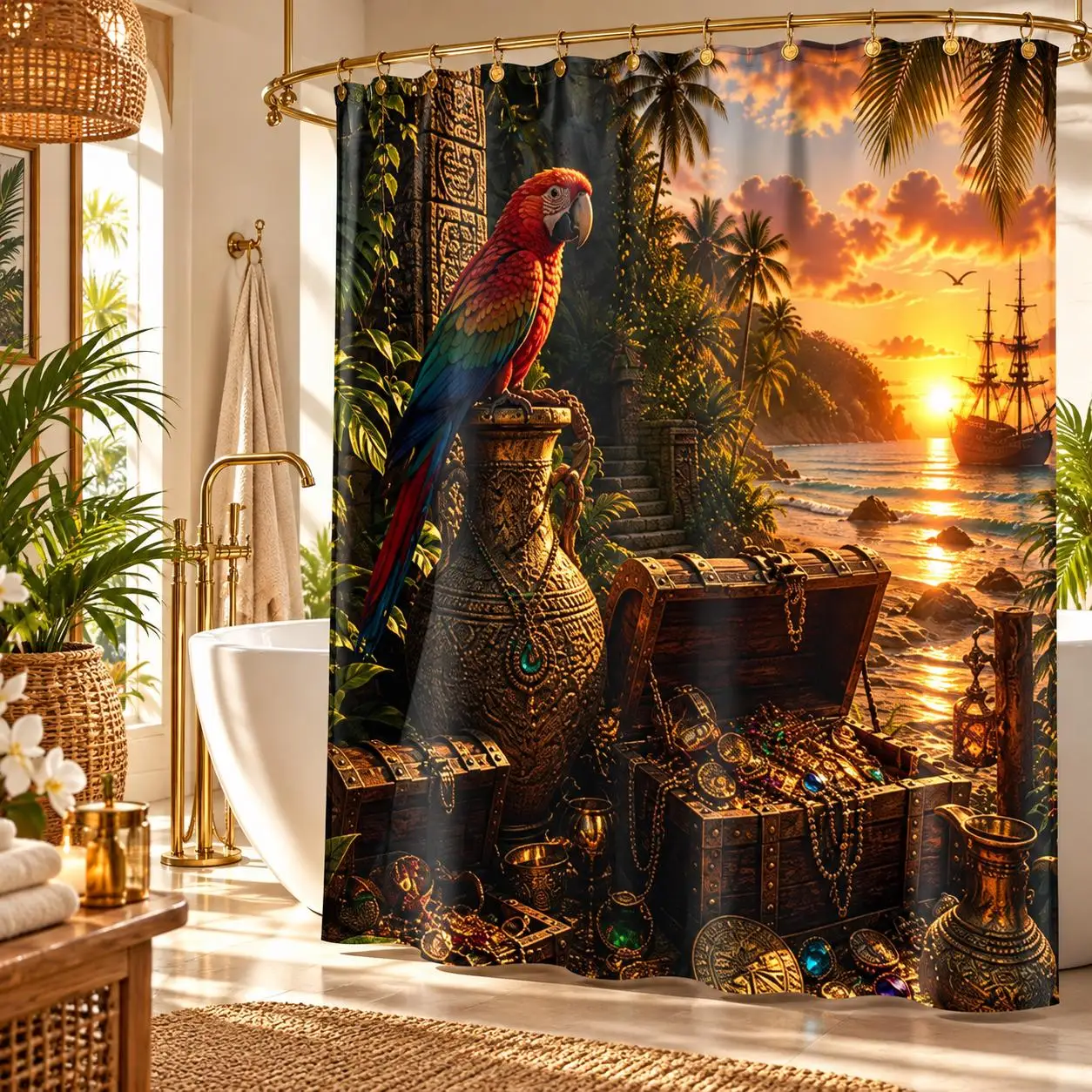 Tropical Pirate Treasure Cove Shower Curtain Waterproof Bathroom Decor Jungle Parrot Sun Sunset Shower Curtain