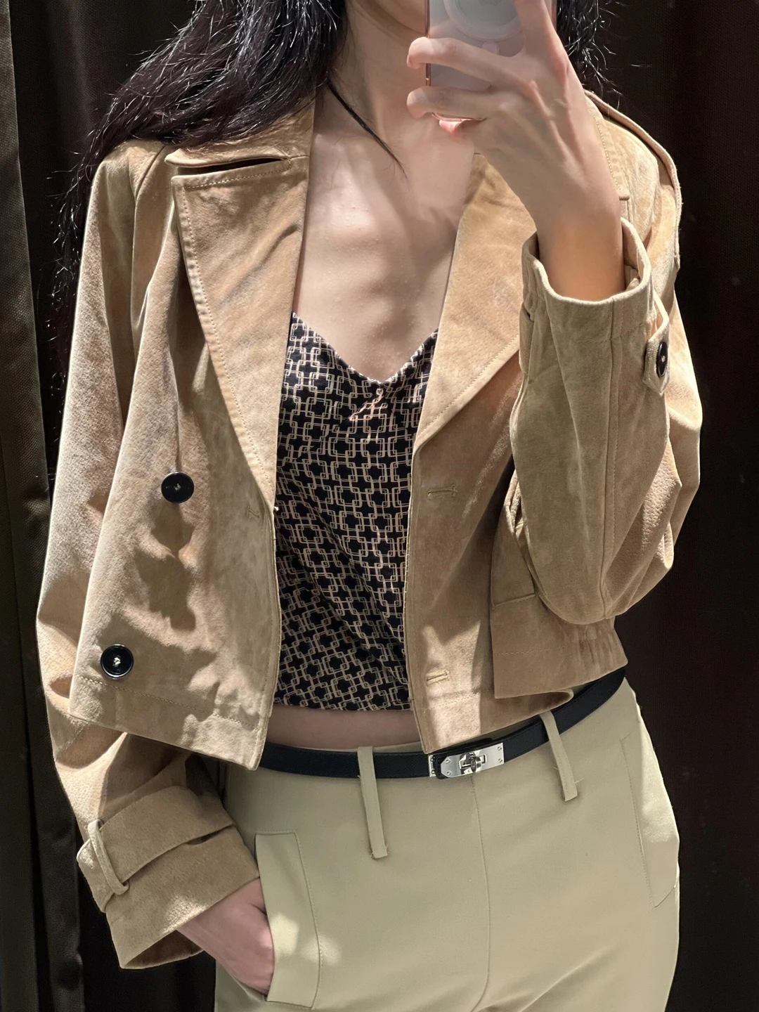 

Khaki ort Suede Windbreaker Women's Jaet Commute Sle Korean Version Straight Tube ape Long Sve Zipper Pure Color