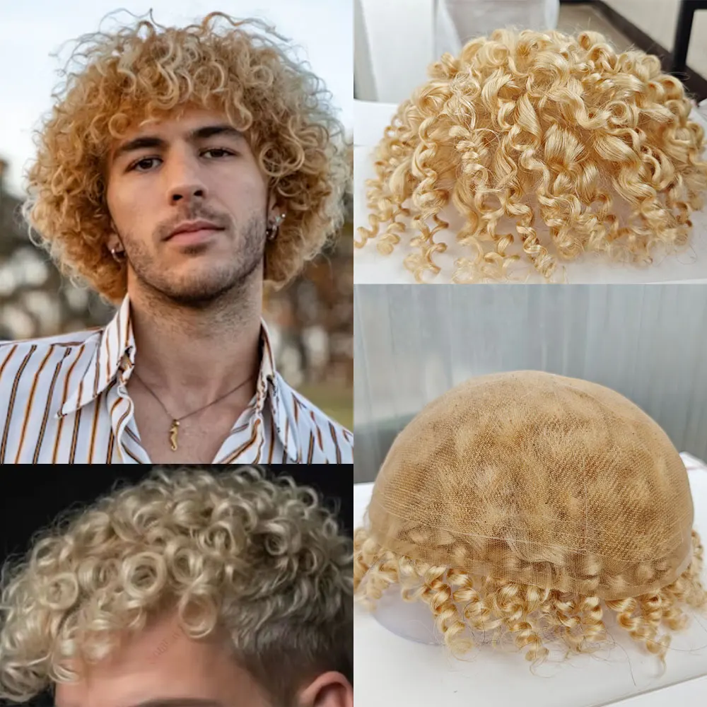 Kinky Curly Blond 613 Short Curly Hair Toupee for Men Swiss Full Lace Base Human Hair Wigs 8x10 Inch Small Curly Hair System