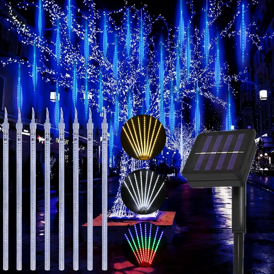 30/50CM 8 Tubes Solar LED Meteor Shower Rain Lights Waterproof Falling Raindrop Fairy String Light Holiday Party Patio Decor