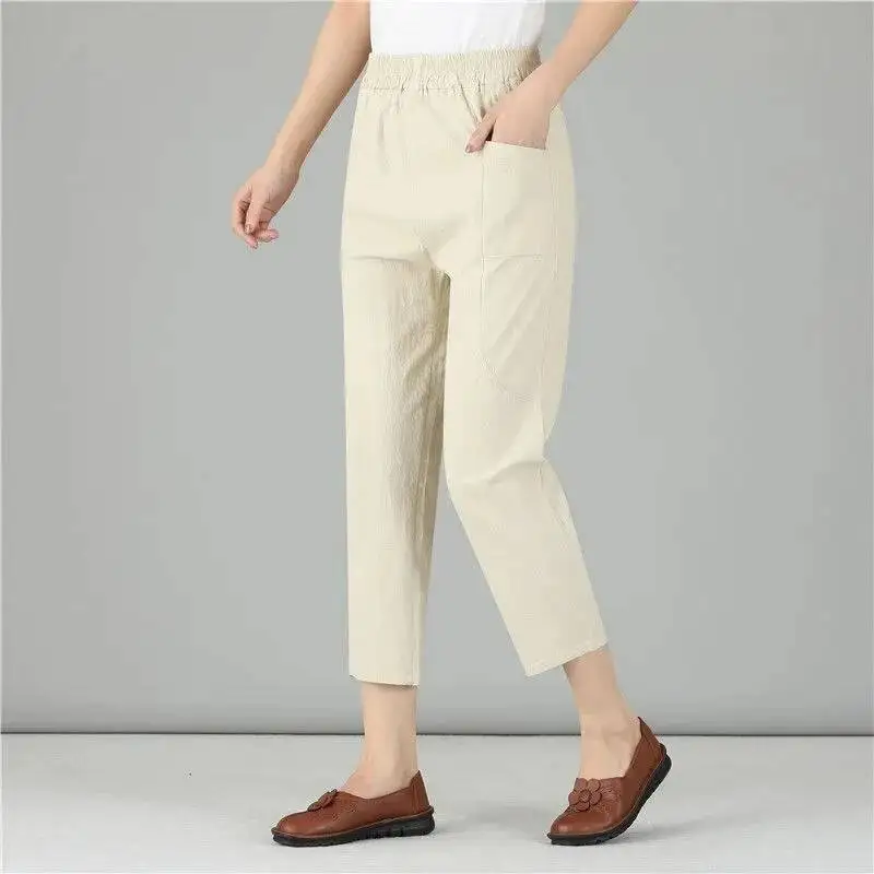 

2025 Summer Cotton Linen Pants Women Casual Elastic Waist Cropped Trousers Retro Loose Harem Pants Solid Pockets Pantalones