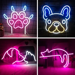 Dog Paw Neon Sign White Pink Led Neon Signs for Wall ​Decor Pet Store Neon Dog Paw Prints with Nails Bedroom USB Powered