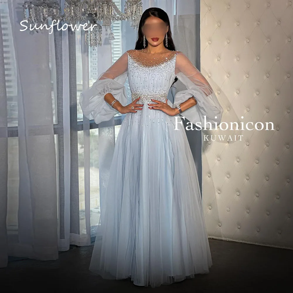 Sunflower Simple Blue Beading O-Neck Tulle A-LINE Prom dress 2024 Slim Long Sleeve Floor-Length Evening Dress Party Dress