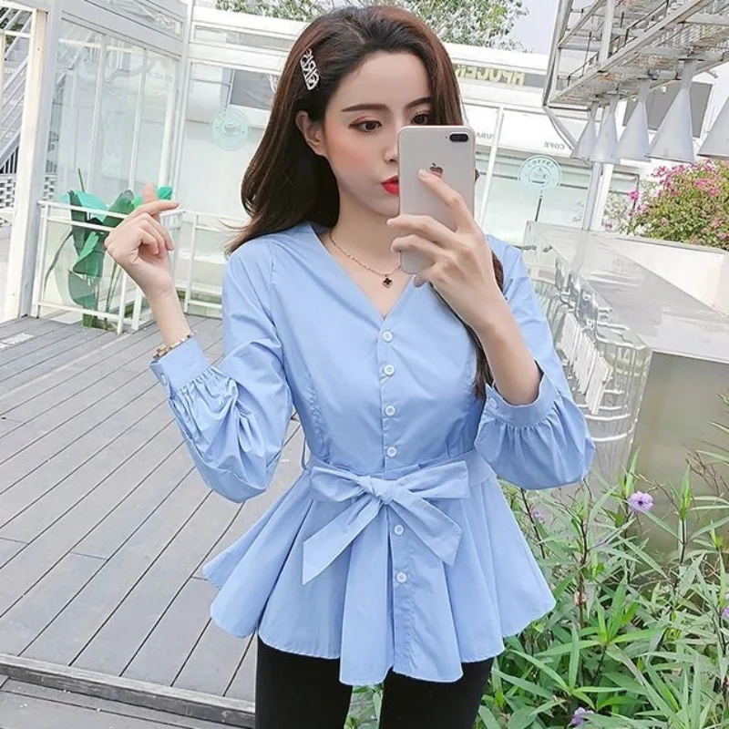 Spring Autumn New Button Lacing Blouse V Neck Long Sleeve Solid Color All-match Short Shirt Tops Elegant Fashion Women Clothing