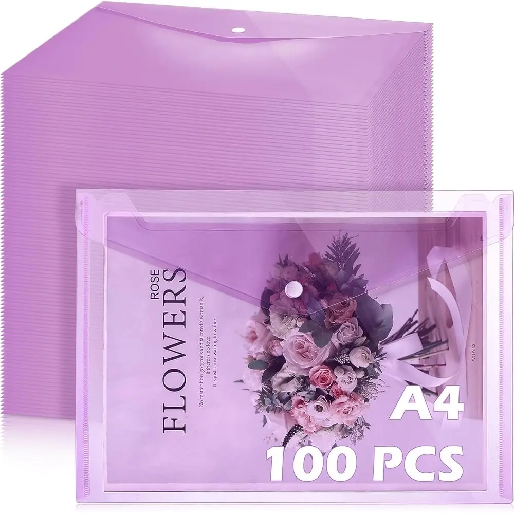 

100 Pcs Clear Envelopes with Snap Button Closure Bulk A4 Letter Size Clear Plastic Envelope Folder Document Organizer File F