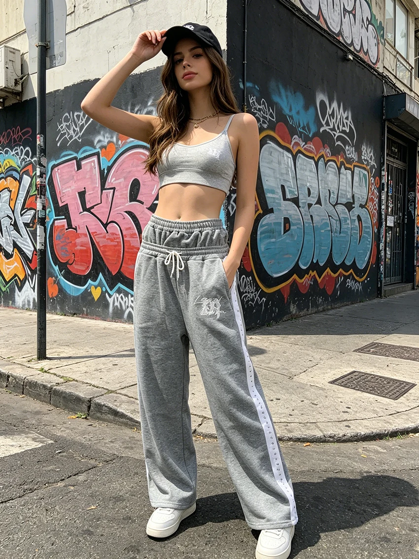 American Retro Fake Two-piece Design Loose Embroidery Hot Diamond Pants Trendy Versatile High Street Classic Unisex Casual Pants