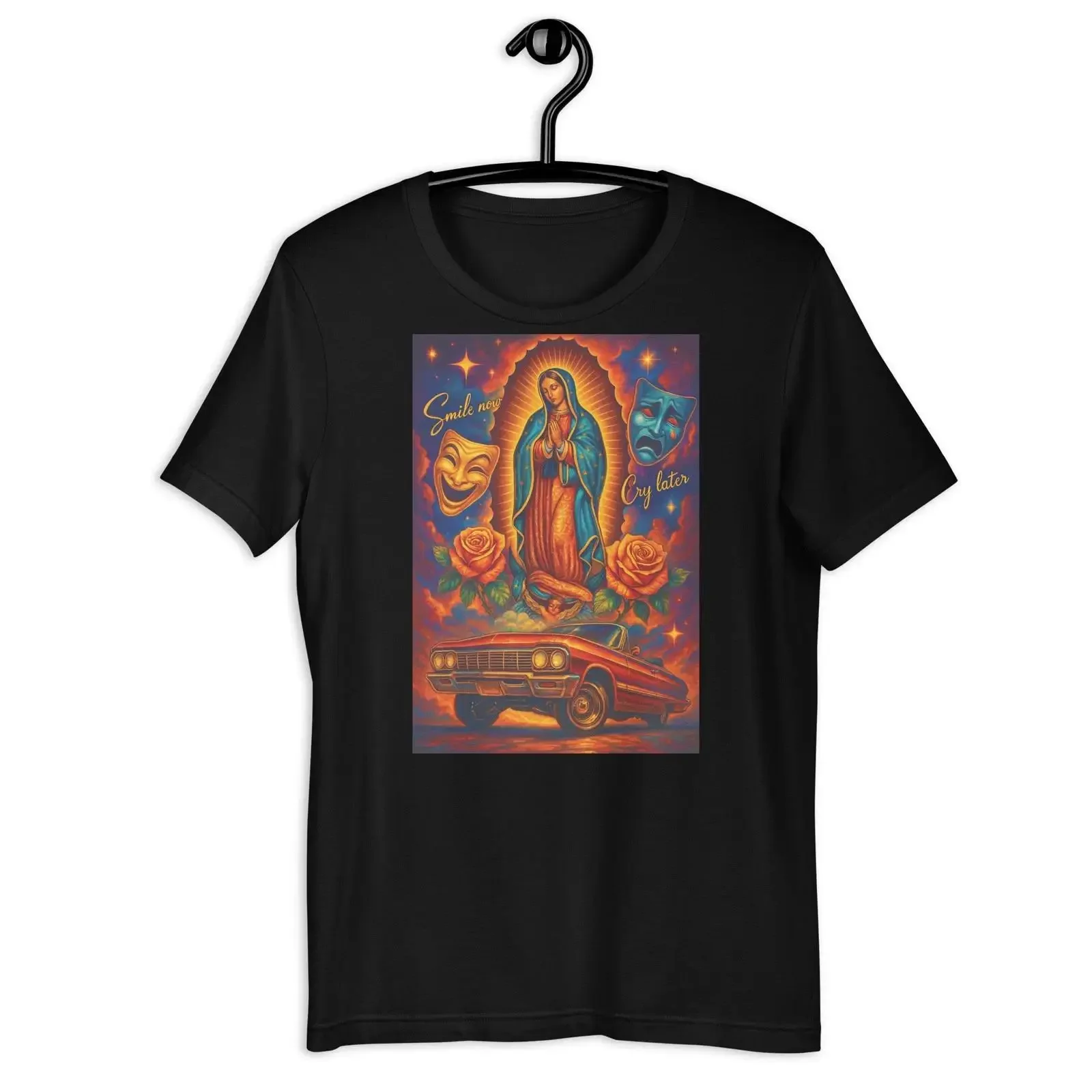 Camiseta con estampado de la Virgen María Lowrider Smile Now Cry Later, estilo Chicano Street Art, vintage, lavada, gráfico, suave, streetwear, unisex, moda