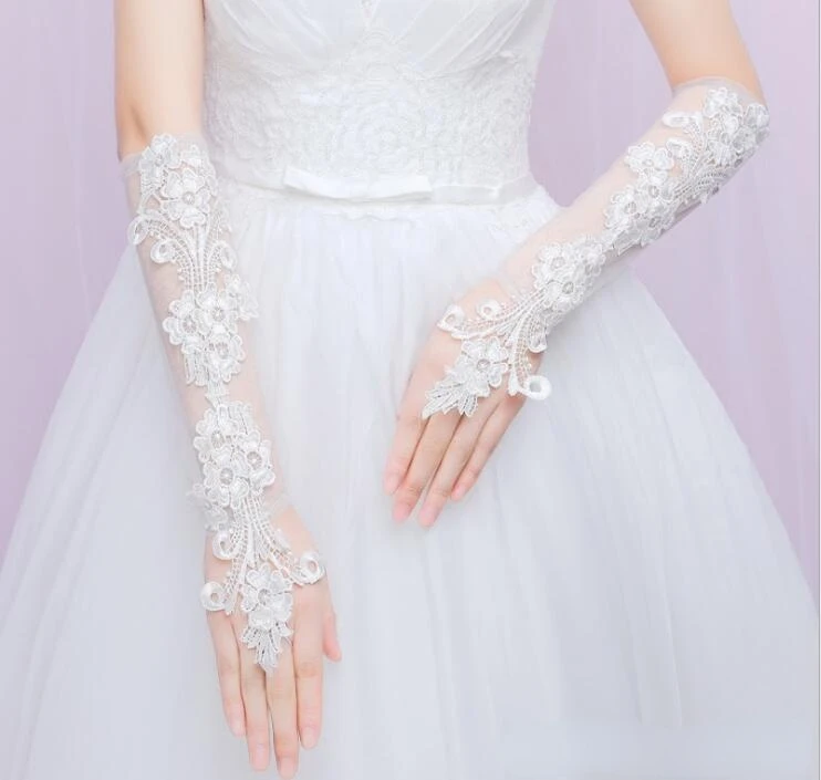 I più nuovi guanti da sposa al di sotto del gomito senza dita Applique in pizzo accessori per abiti da sposa guanti da sposa