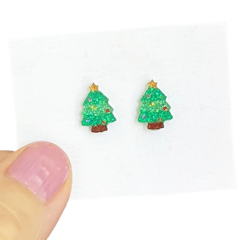 Small Glitter Acrylic Santa Reindeer Gingerbread Man Christmas Tree Holiday Stud Earrings
