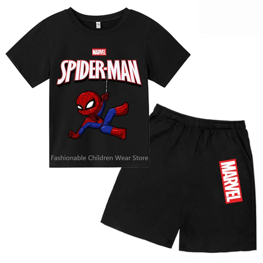 Marvel Avengers Q-Edition Spider-Man Cartoon Kids' T-shirt & Shorts Set - Stylish & Cool for Summer Outdoor Fun