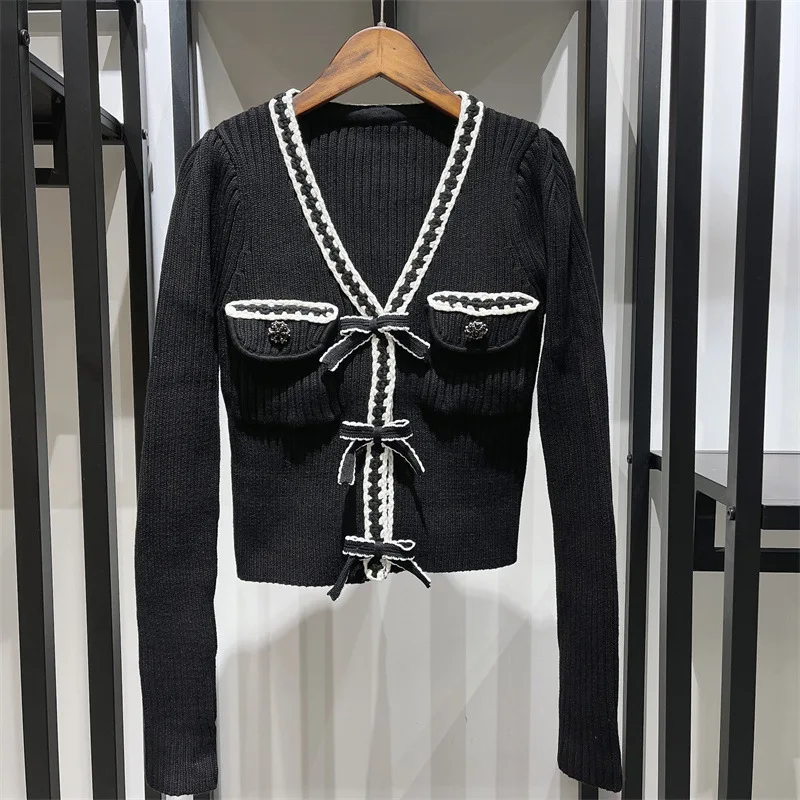 Elegant Lady Knitted Black Skirts Set Vintage Contrast Edge V-neck Long Sleeve Cardigan Spring 2023 High Waist Tweed Skirt Suit