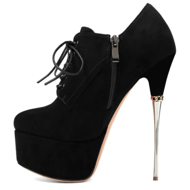 

DIZHUANG Sexy women's high heels. Black suede round toe shoes. About 16cm heel height. Thin heeled high top shoes. Fashion show