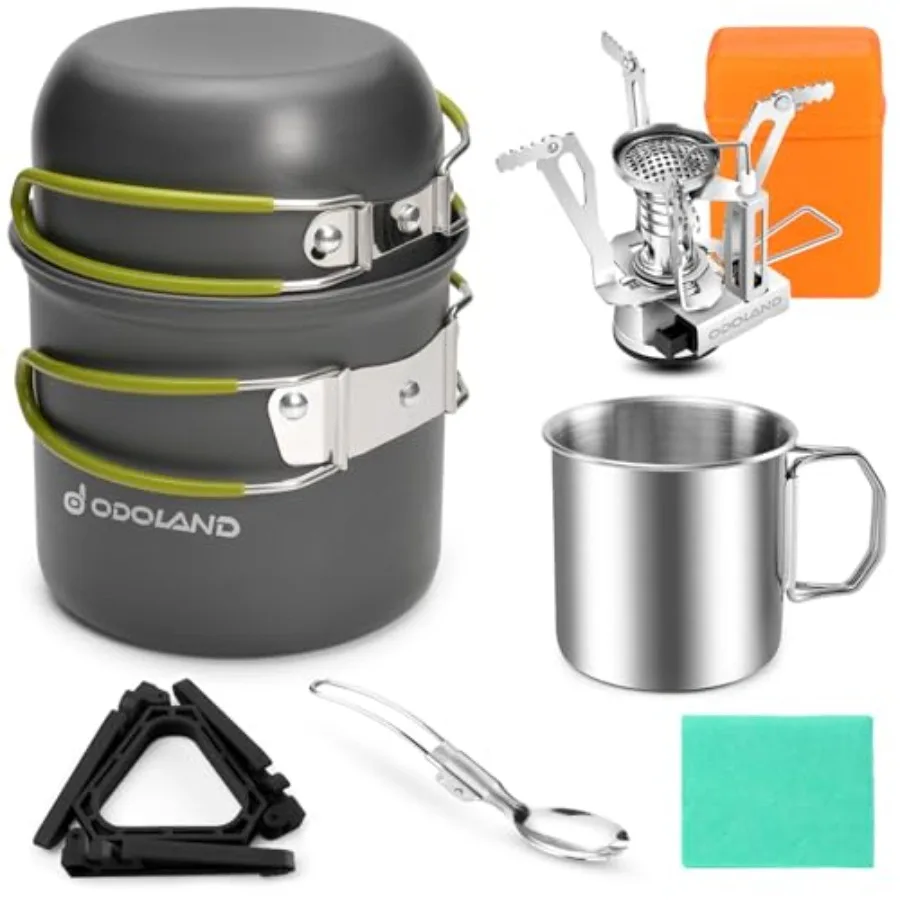 

8pcs Camping Cookware M Kit, Camping Pot and Pan Set with Mini Backpacking Stove, Stainl Steel Cup, Spork and Tank Bracket, Coo