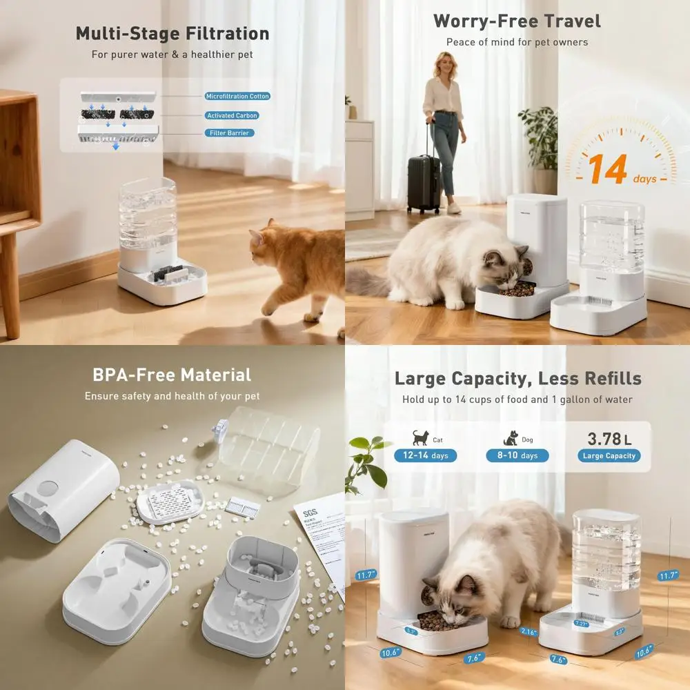 

® 2 упаковки гравитационной кормушки для кошек и дозатора воды, 1 галлон/3,5 л, автоматическая кормушка для кошек и собак и поилка с миской для корма для домашних животных