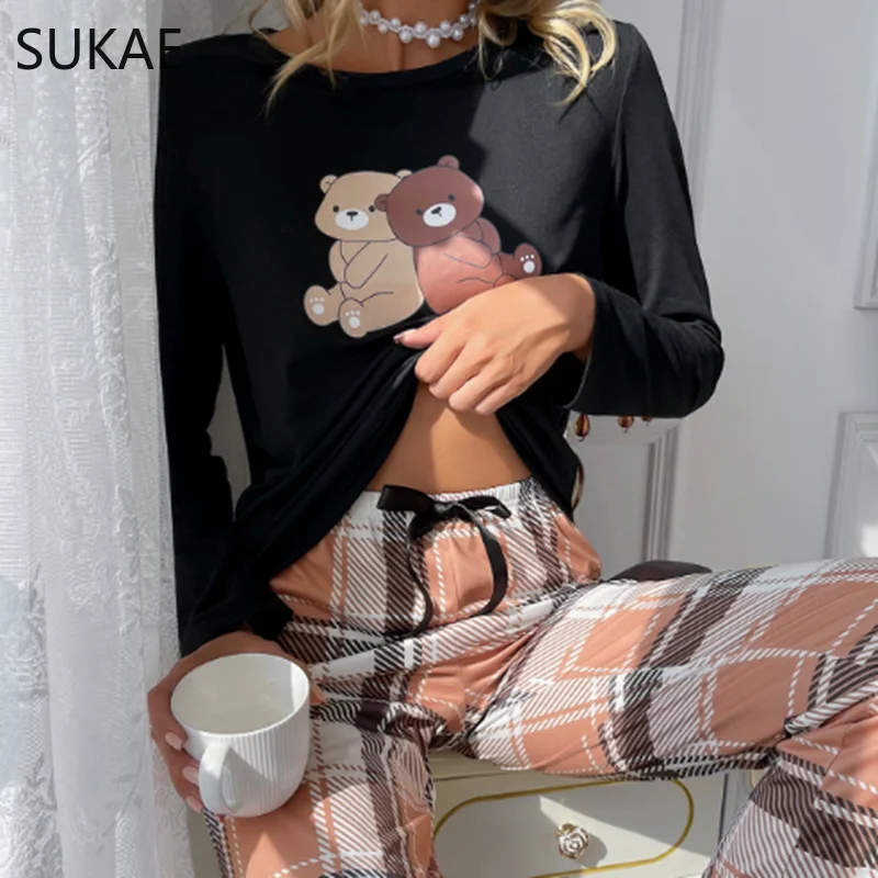 Conjunto pijama de urso fofo para mulheres pijamas macios, pijama de seda leite para menina, pijamas de mangas compridas, loungewear de lazer,