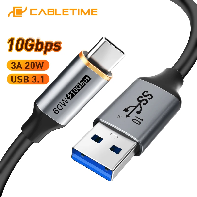 CABLETIME USB A to USB C Cable 10Gbps 3A PVC USB 3.2 60W QC 3.0 Data Transfer for SSD Enclosure Phone Charging Data Sync C440