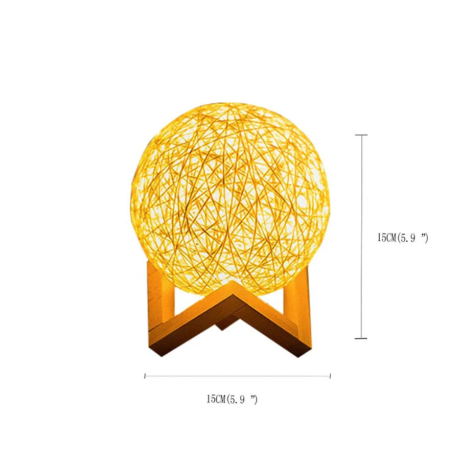 LED Rattan Ball Table Night Lamp 3D Moon Bedside Light Creative Wood Rattan Ball Light With Wooden Stand For Living Room Decor