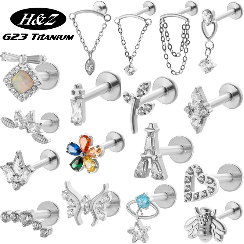 

1PC G23 Titanium Ear Studs Internal Thread CZ Horse's Eye Flower Pendant Chain Helix Cartilage Lip Stud Labret Piercing Jewelry