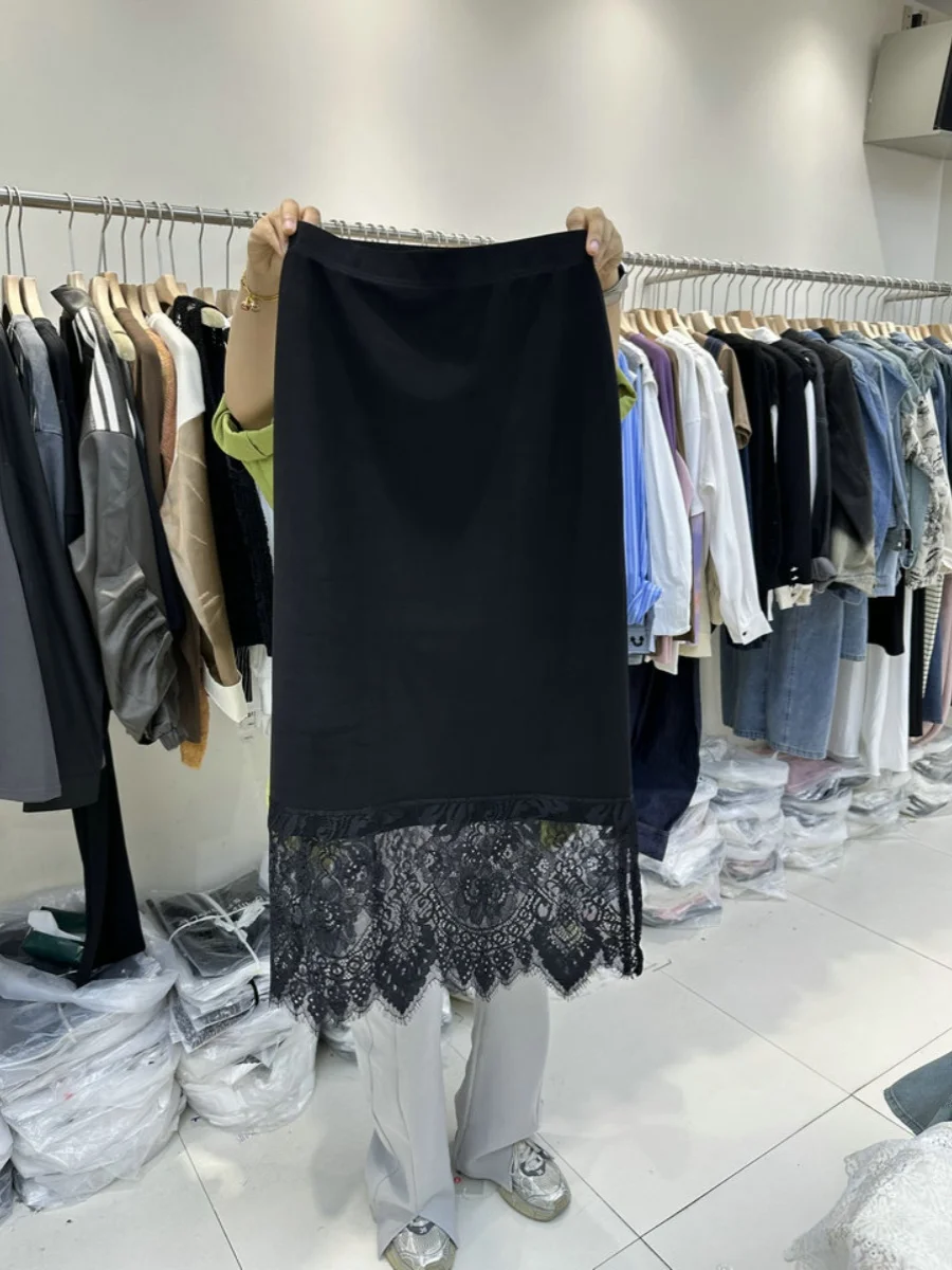 

Ele High Waist Midi Skirt with Side Slit And Lace Paneling for Women Spring Commute Sle Color Other Material 00%