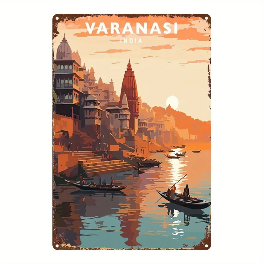1 pieza, Letrero de metal, Póster de pintura en estaño con ilustración de paisaje vintage de Varanasi, India, Letrero de metal duradero, Adecuado para