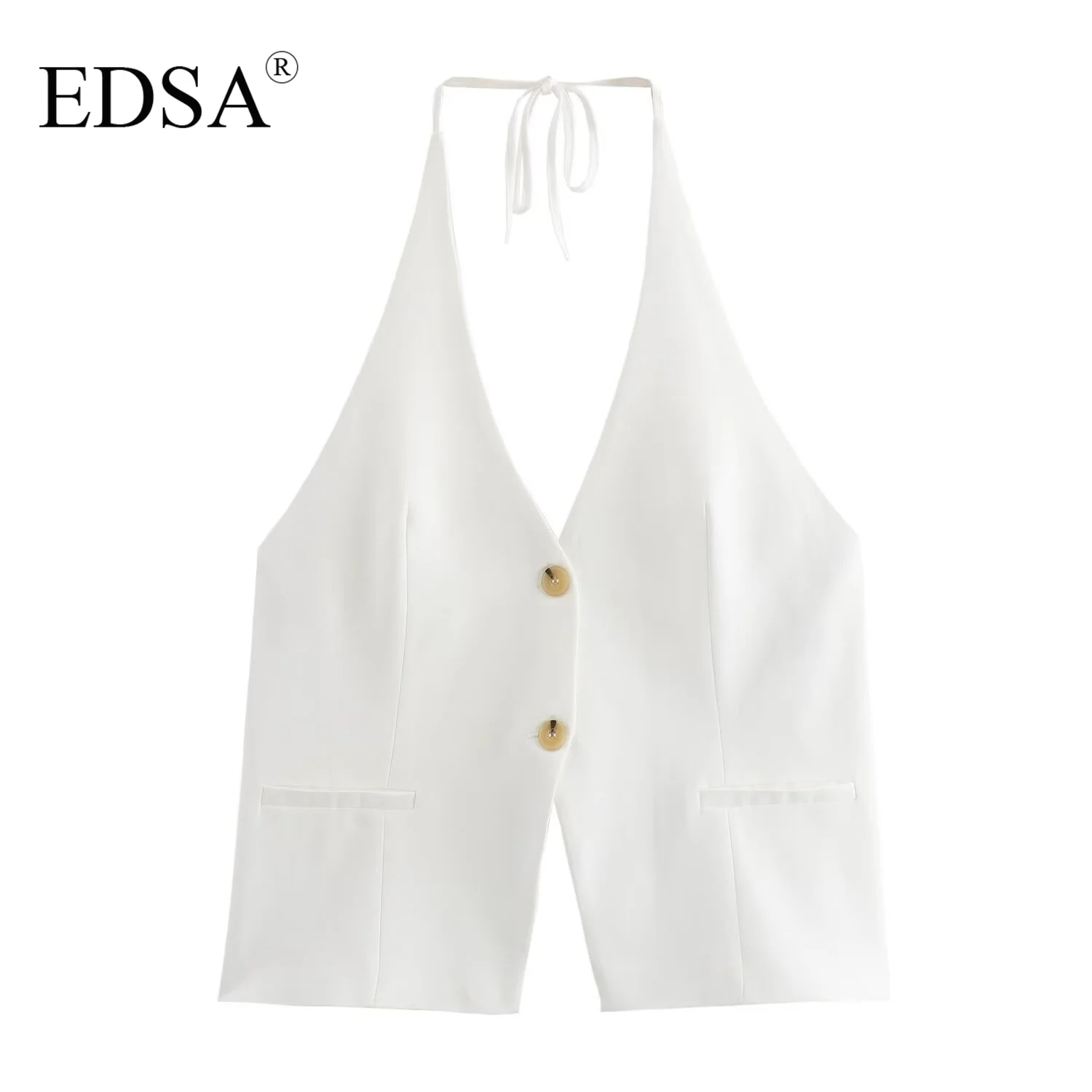 EDSA Women Elegant Halter Top with Tie V-neck False Welt Pockets Open Back Causal Female Single Breasted Blouse