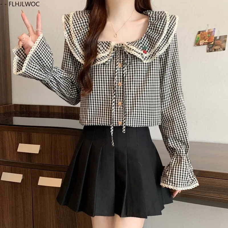 Lose Kleidung Peter Pan Kragen Tops Blusen Herbst Frau Flare Langarm Retro Vintage Fliege Tops Casual Nette Plaid Shirts