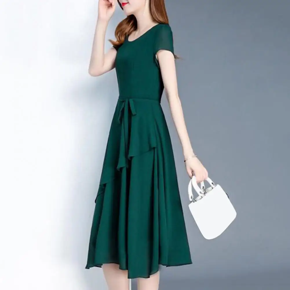 

Life Dress Elegant Lace Up Midi Dresses for Women O-neck A-line Streetwear Crew Neck Korean Style Short Sleeve Layered Hem
