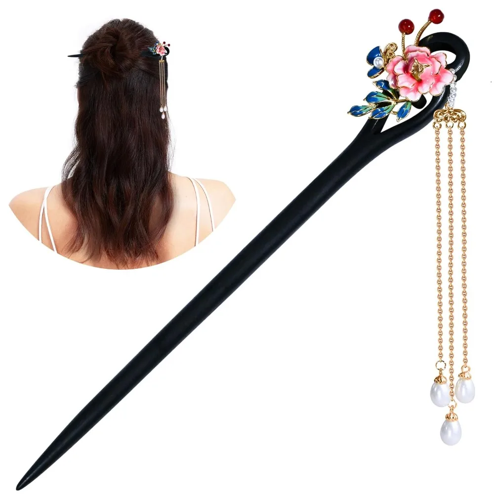 

14k Gold Plated Copper，Vintage Handcrafted Natural Ebony，Colour Enamels peony Pearl Tassels Hair Stick，Hair Clip