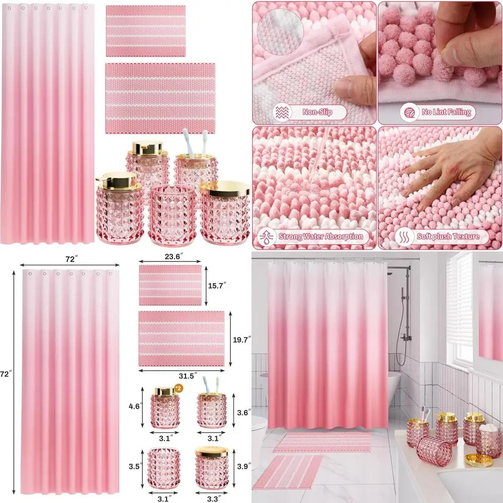 

Pink Bathroom Set with Shower Curtain, Rugs, Accessories, and Diamond Soap Dispenser