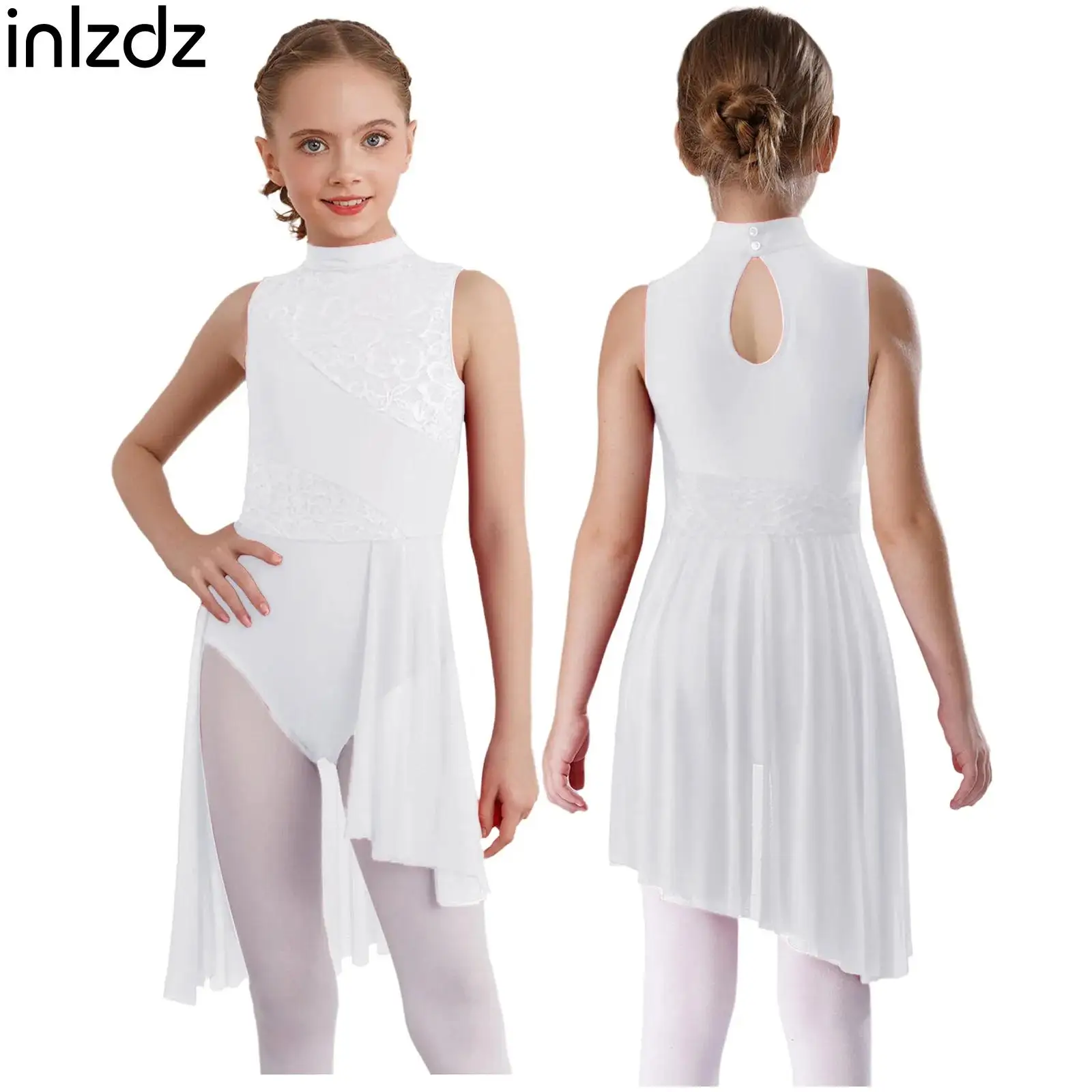

Kids Girls Floral Lace Lyrical Modern Dance Performance Costume Competition Skating Dancewear Sleeveless Asymmetrical Hem Dress