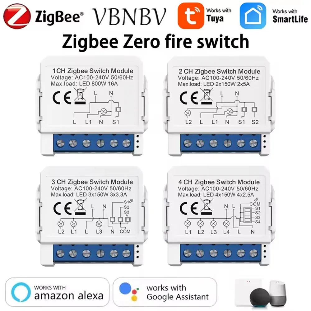 VBNBV ZigBee Tuya 1/2/3/4 Gang Mini Smart Switch DIY Light Switches Module Two-Way Control Works With Alexa Alice Google Home