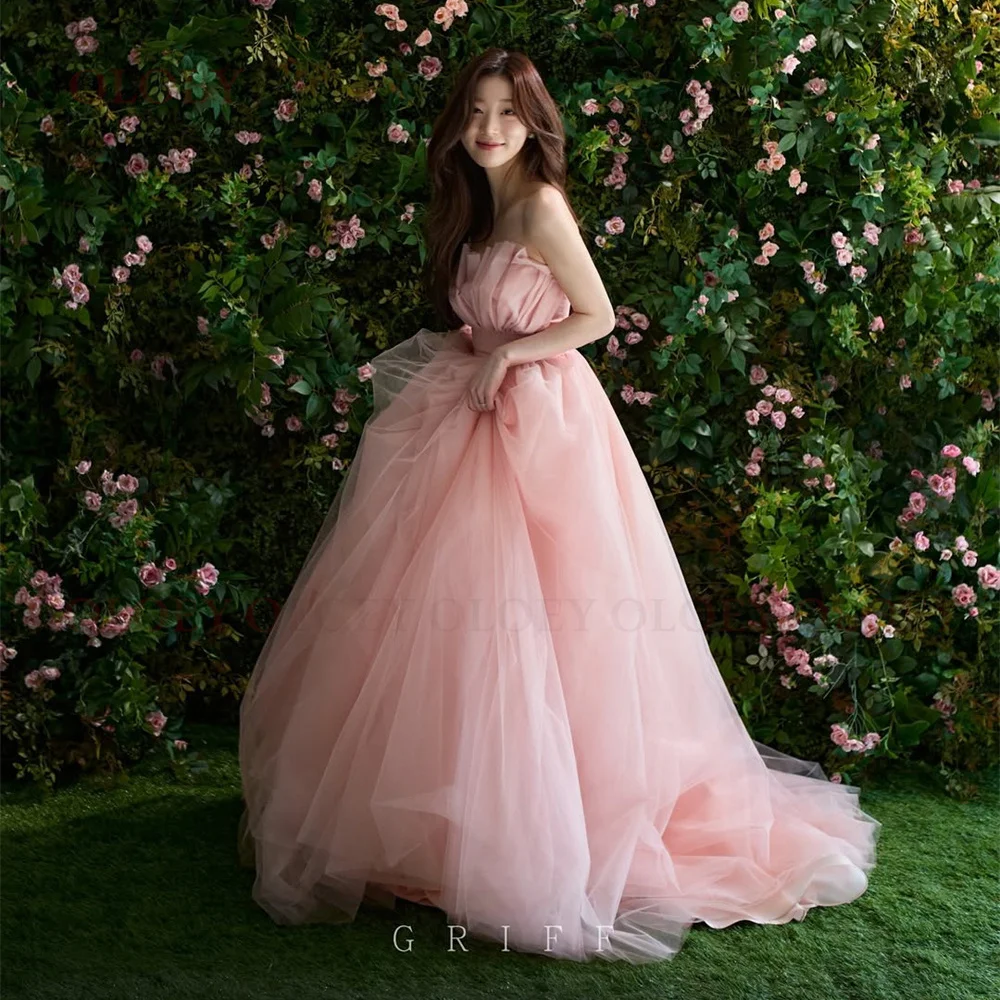 

OLOEY Elegant Pink Prom Dress Korea Photo Shoot Floor Length Strapless Wedding Party Gown Corset Sleeveless Free Customized