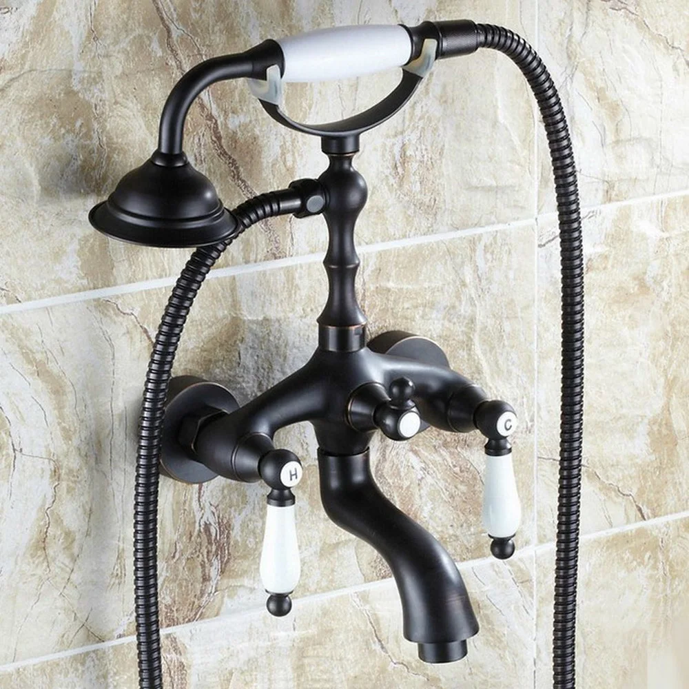 

Black Oil Rubbed Brass Wall Mount Telephone Euro Bath Tub Faucet Mixer Tap w/ Handheld Spray Shower Ntf039