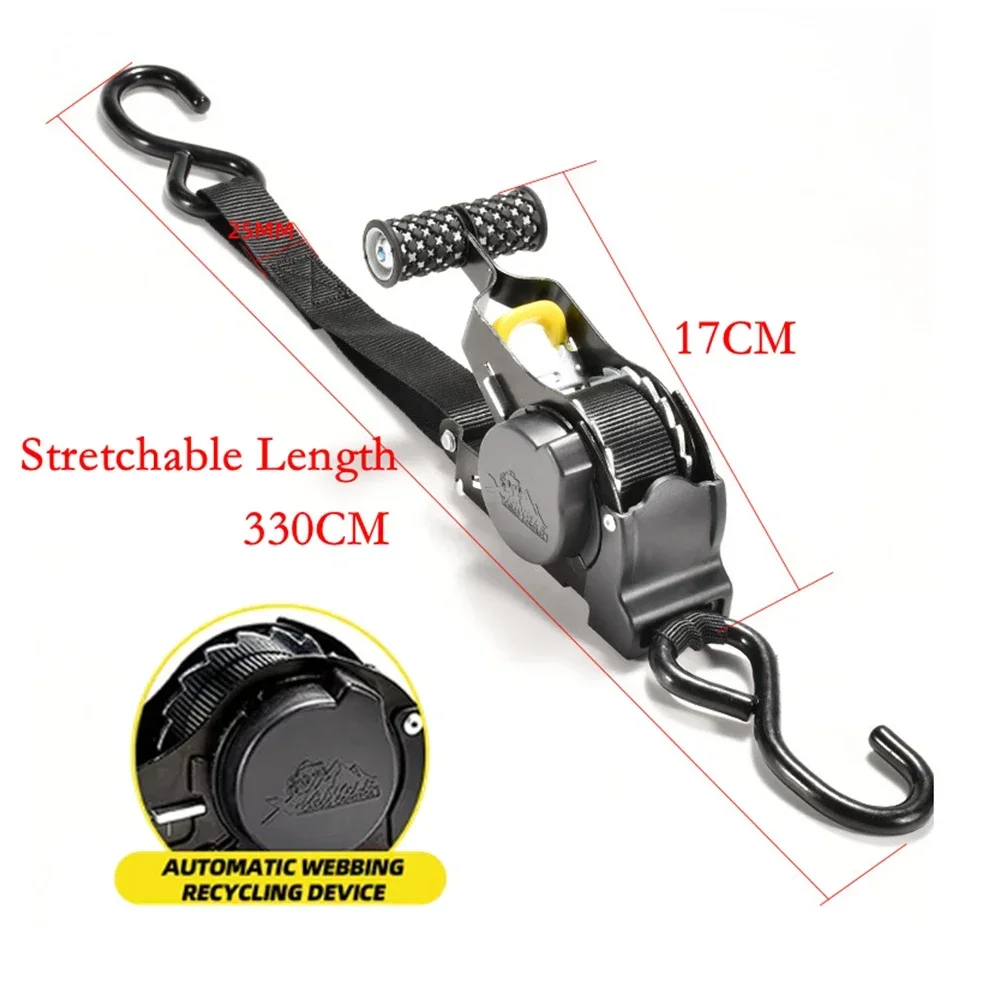Retracting Motorcycle Tie Down Strap with Hook robusts & Multifunction Automatic Ratchet Tie Down Strap for Easy Use