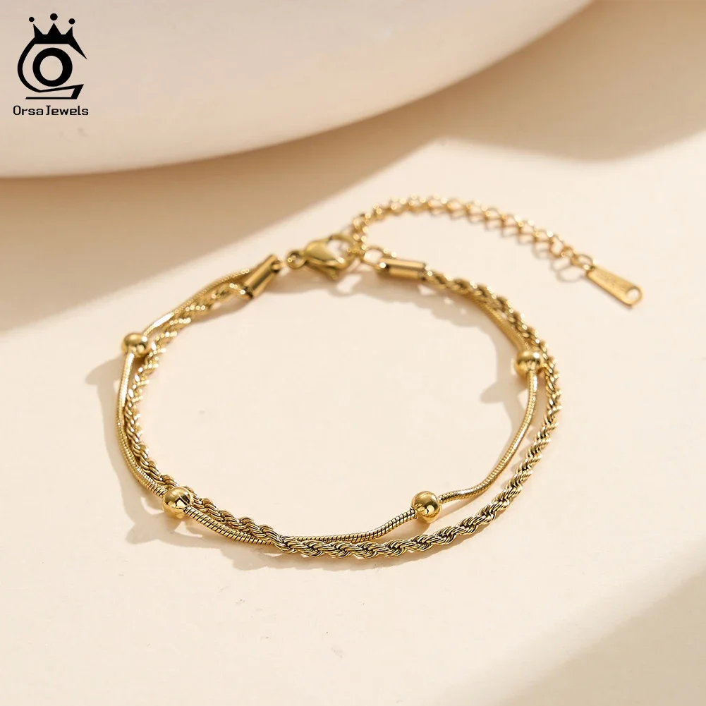 

ORSA JEWELS Stainless Steel 18K Gold Plated Rope Chain Bracelet Dainty Satellite Beads Bracelet Adjustable Chain Jewelry STCB10