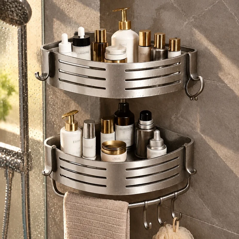 Drill-Free Aluminum Corner Bathroom Shelf with Towel Bar and Plastic Hooks, 1 to 3 Units for Organized Shower Storage