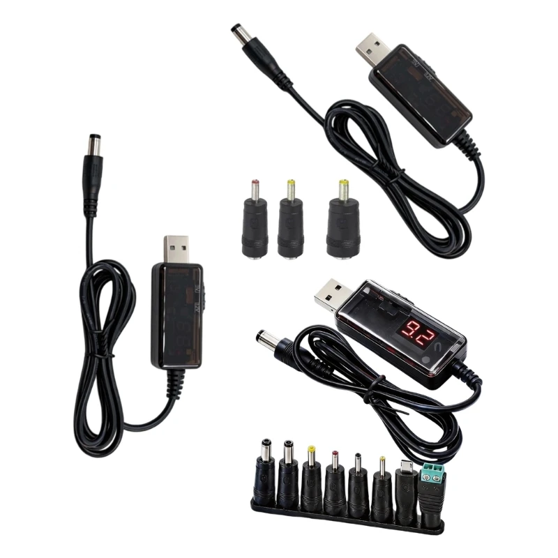 DC5V to USB 9V 12V Adjustable Power Cable with Display for Small Electronics, LED Lights, Desk Spare, Travel Storage,
