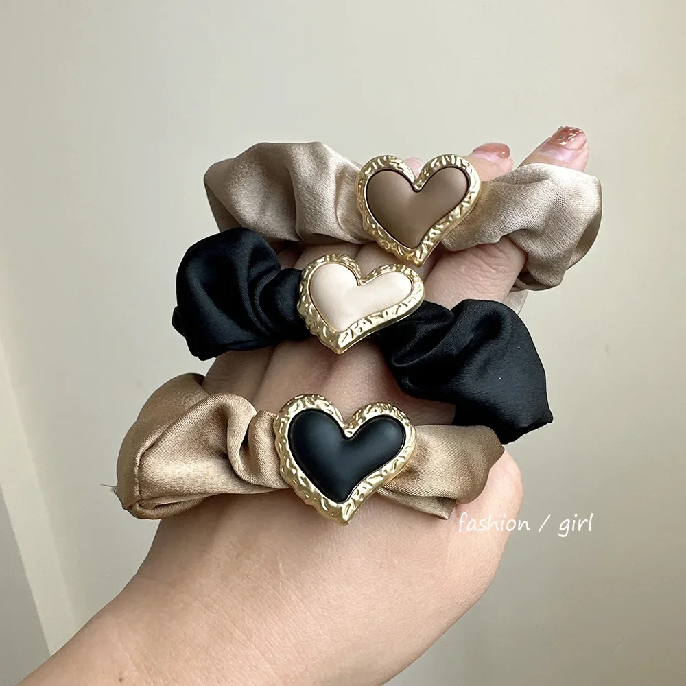 Fabric Scrunchie Gold Border Heart Simple Elastic Hair Ring for Women Daily Ponytail Bun Comfortable Versatile
