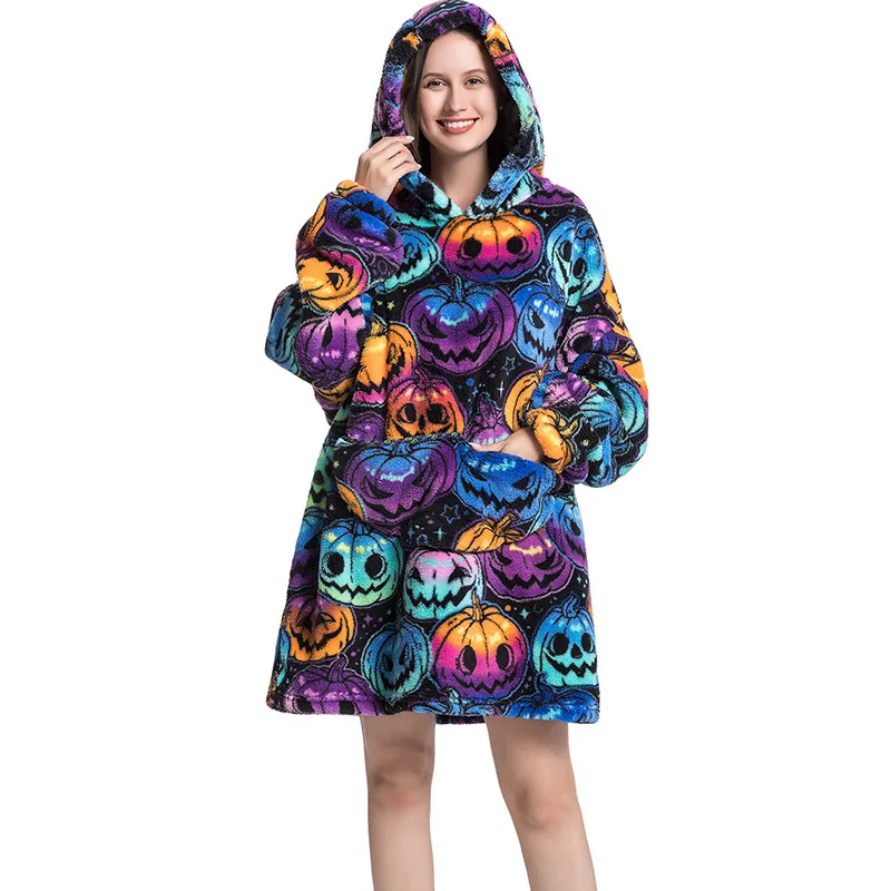 Hooded Wearable Flannel Blanket Cartoon Print One Size Adults 1Pc 90cm Warm Cozy for Lounging Birthday Holiday Gift