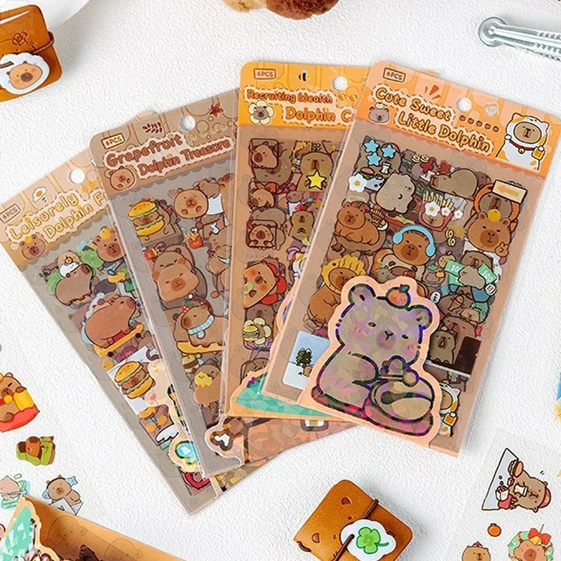 Kawaii Capybara Transparent Waterproof Stickers 6 Sheets Pack Cartoon DIY Diary Scrapbooking School Stationery Decoration