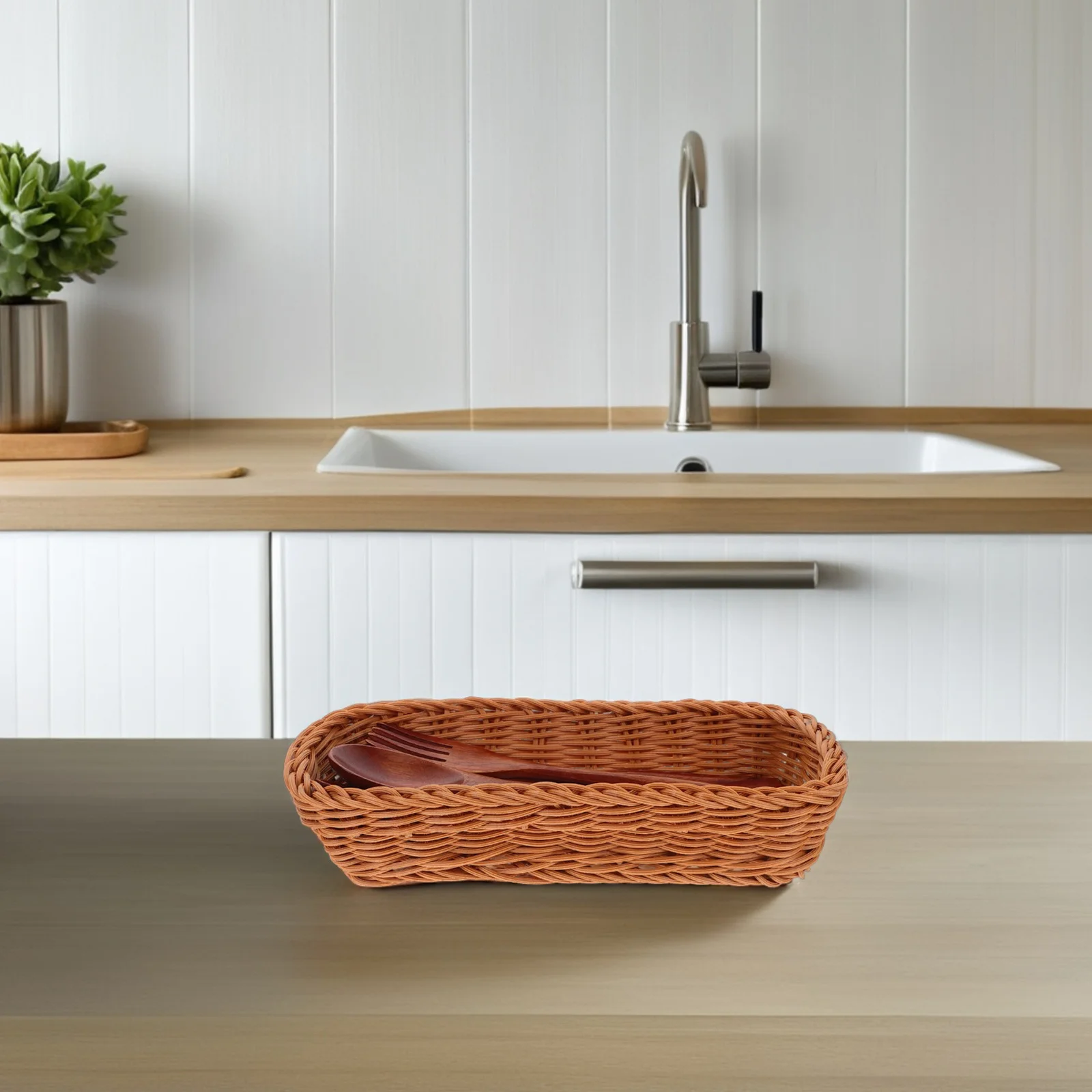 Caixa de armazenamento de garfo, cesta de cozinha de tecido de rattan de plástico para talheres, colher, faca, pauzinhos, organizador, suporte de drenagem de talheres