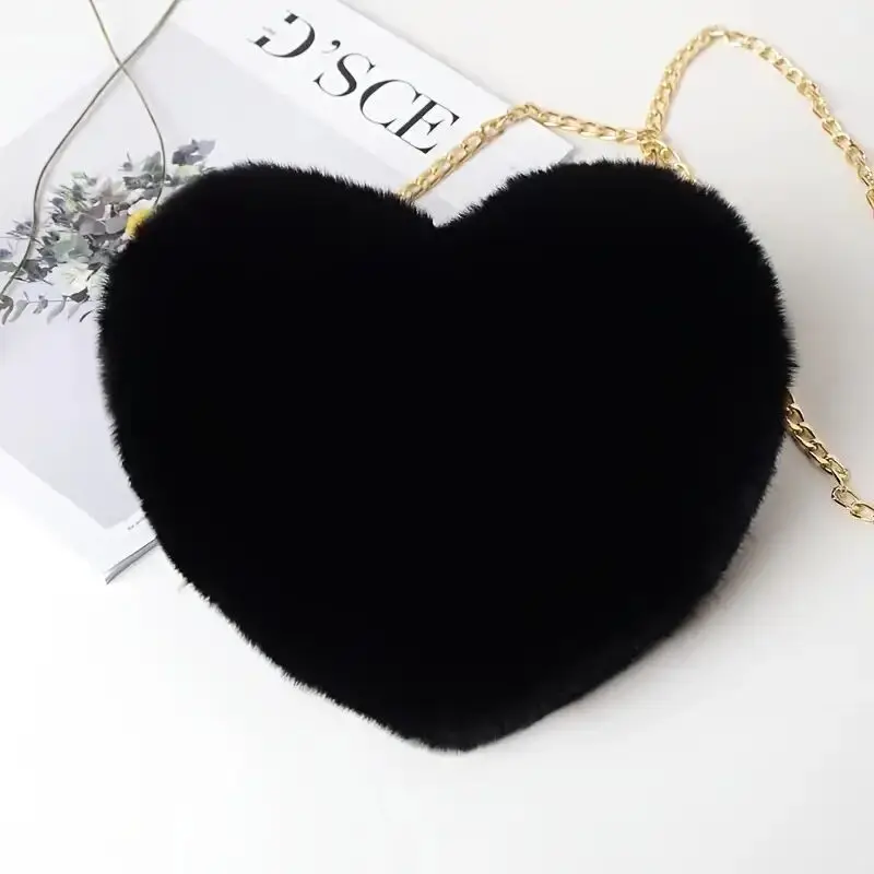 Heart Shaped Fluffy Shoulder Bag Fashion Chain Crossbody Bag Plush Handbag Cute Zipper Purse For Valentine\'s Day