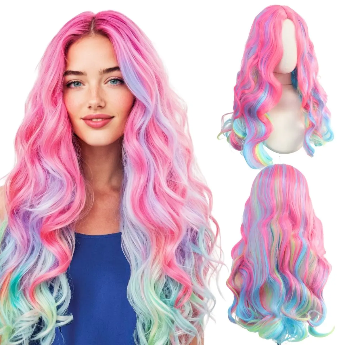 Colorful Gradient Long Curly Hair Synthetic Wig Middle Part Anime Style for Women Party Costume Gift - Four Styles Available