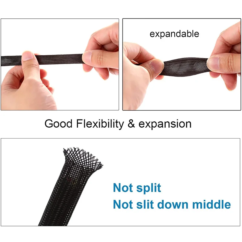 3m/9.85ft PET Expandable Braided Sleeving Flexible Wire Mesh Sleeve Black For TV Audio PC Cords Protect From Pets Chewing