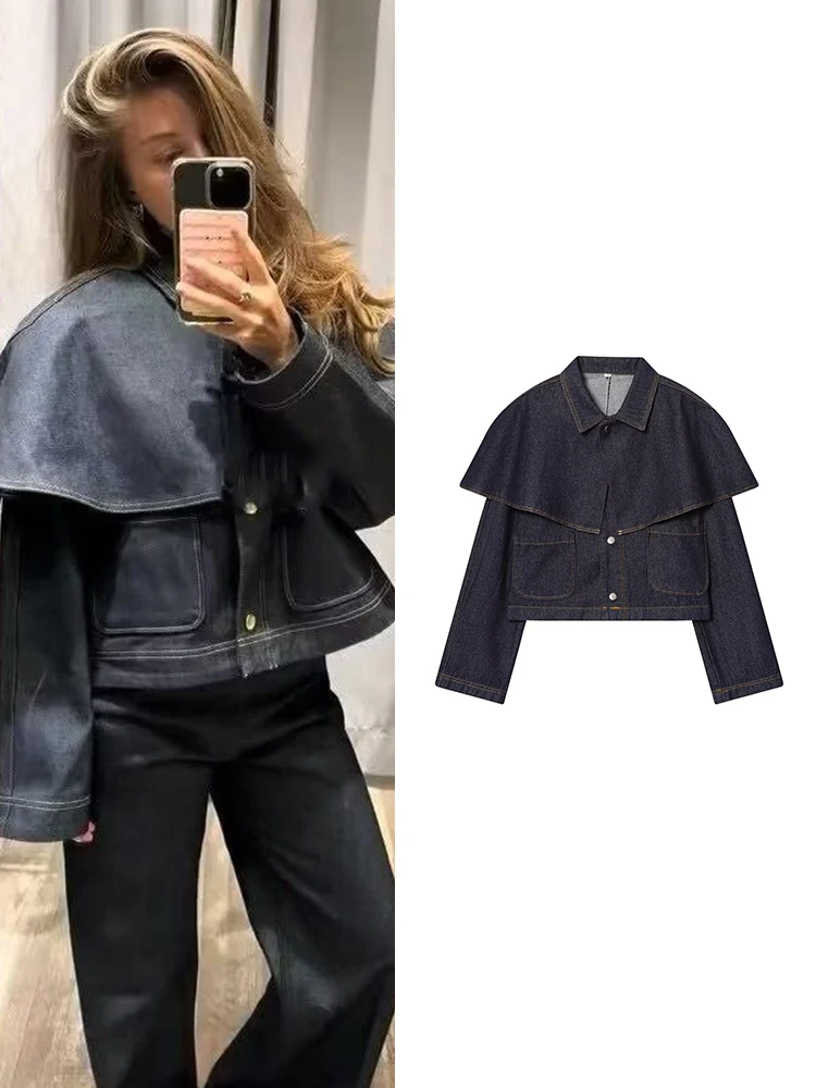 

Spring New Women Solid Pockets Chic Denim Coat Lapel Long Sleeve Cloak Spliced Single Breasted Streetwear Female Coats