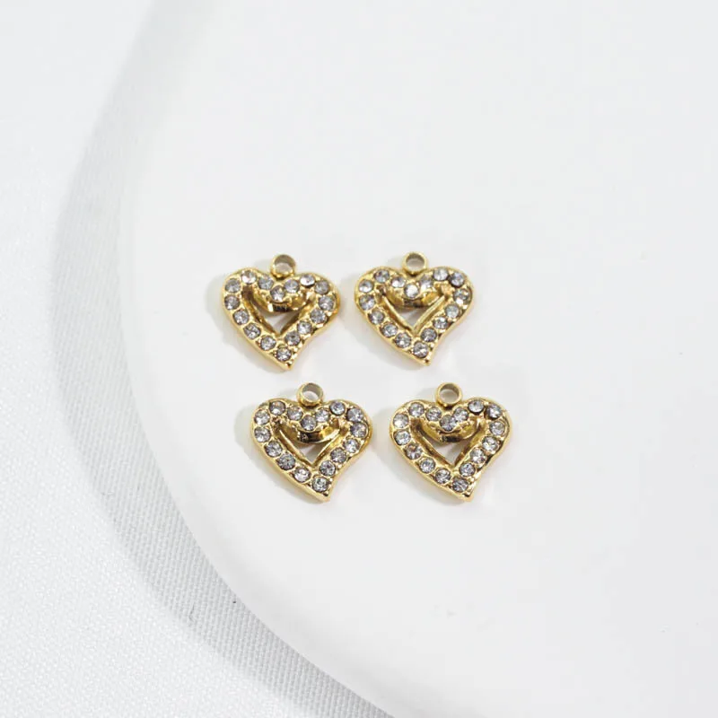 Miasol 5 Pcs 9MM Golden Plating Metal Cast Stainless Steel Crystal Heart Charms Dangles For Diy Bracelets Earring Jewelry Making